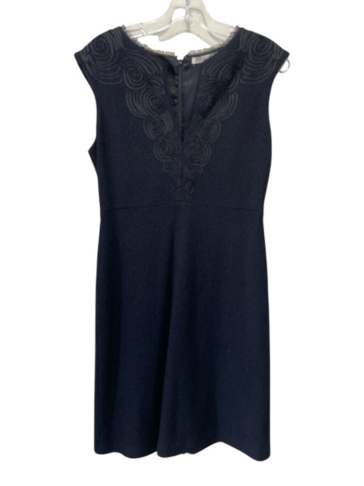 St John Couture Size 4 Navy Blue & Black Wool Blend Embroidered Detail Dress Navy Blue & Black / 4