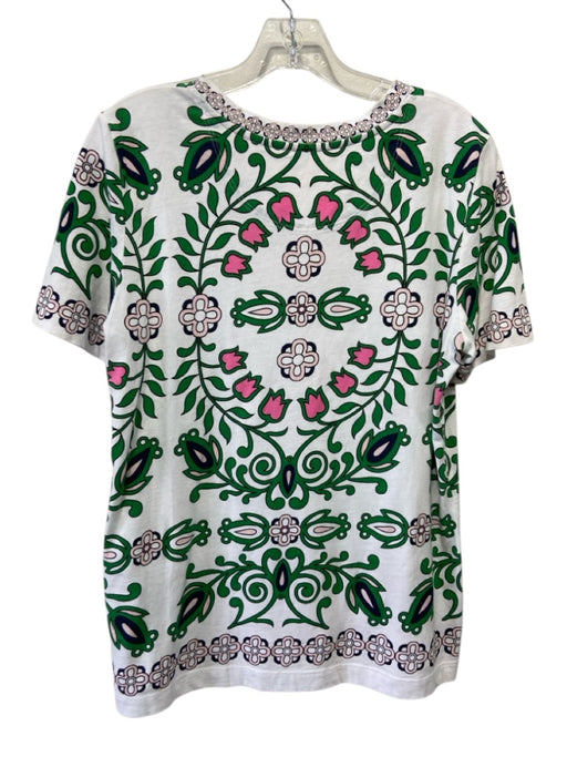 Tory Burch Size L White, Green, Pink Cotton Abstract Floral Crew Neck Top White, Green, Pink / L