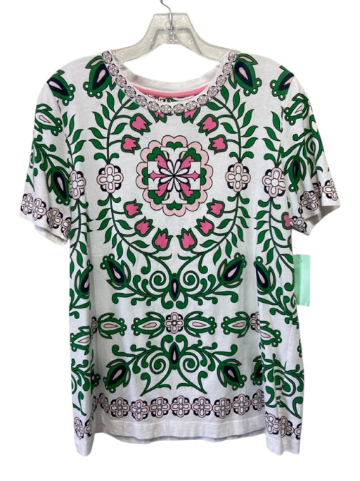 Tory Burch Size L White, Green, Pink Cotton Abstract Floral Crew Neck Top White, Green, Pink / L