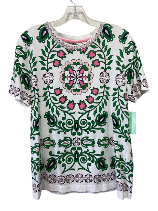Tory Burch Size L White, Green, Pink Cotton Abstract Floral Crew Neck Top White, Green, Pink / L