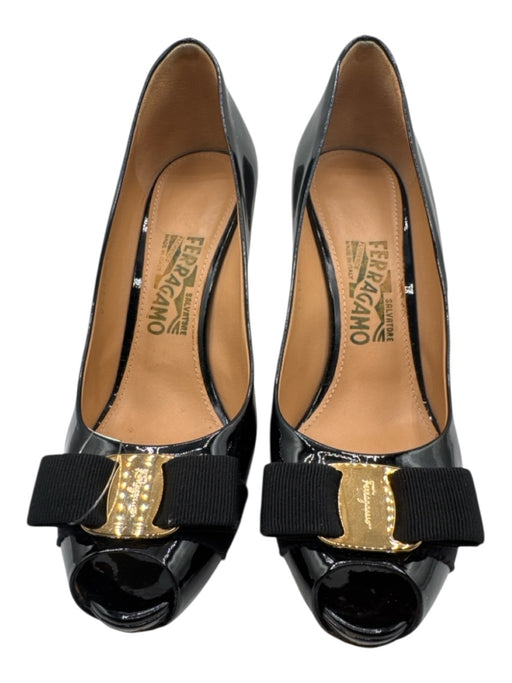 Salvatore Ferragamo Shoe Size 8 Black Patent Leather Peep Toe Bow Platform Pumps Black / 8