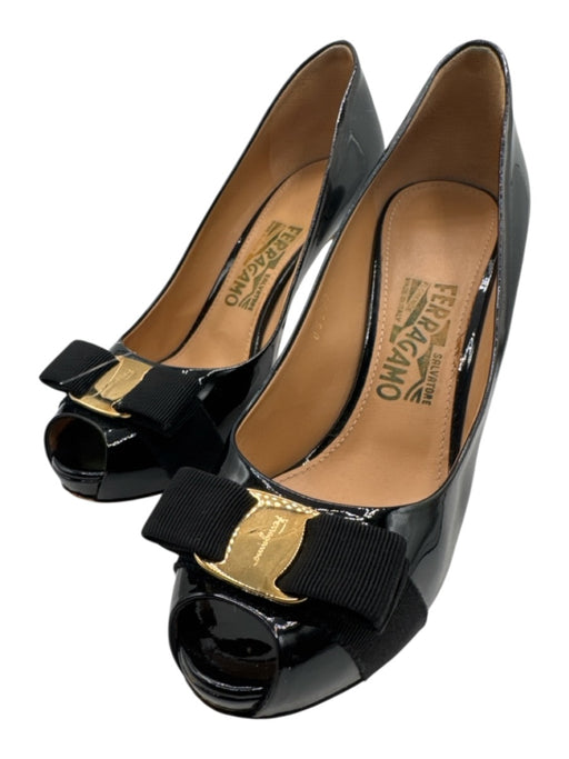 Salvatore Ferragamo Shoe Size 8 Black Patent Leather Peep Toe Bow Platform Pumps Black / 8