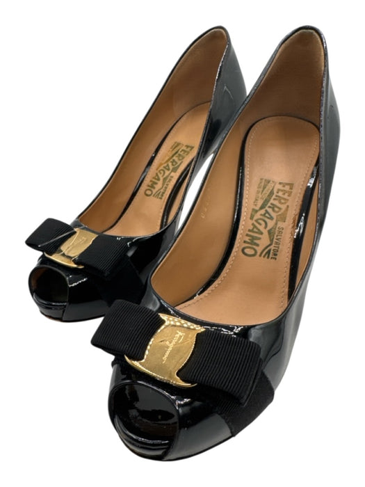 Salvatore Ferragamo Shoe Size 8 Black Patent Leather Peep Toe Bow Platform Pumps Black / 8