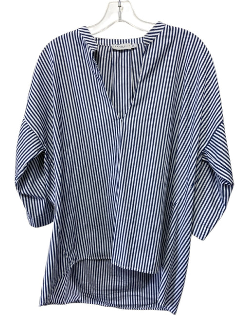 Harshman Size M Blue & White Cotton Pleat Detail Stripe V Neck Half Sleeve Top Blue & White / M