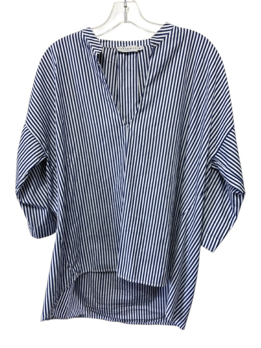 Harshman Size M Blue & White Cotton Pleat Detail Stripe V Neck Half Sleeve Top Blue & White / M
