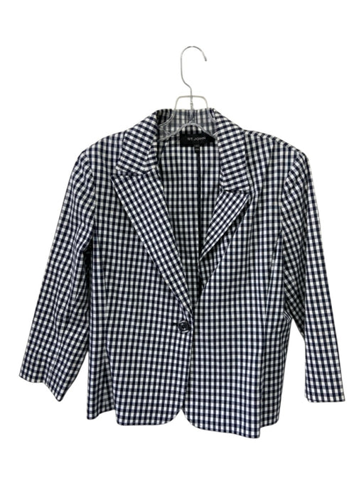 St John Size 6 Navy Blue & White Cotton Blend Gingham Single Breasted Jacket Navy Blue & White / 6