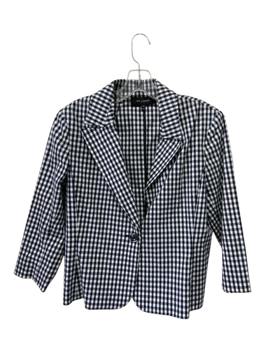 St John Size 6 Navy Blue & White Cotton Blend Gingham Single Breasted Jacket Navy Blue & White / 6