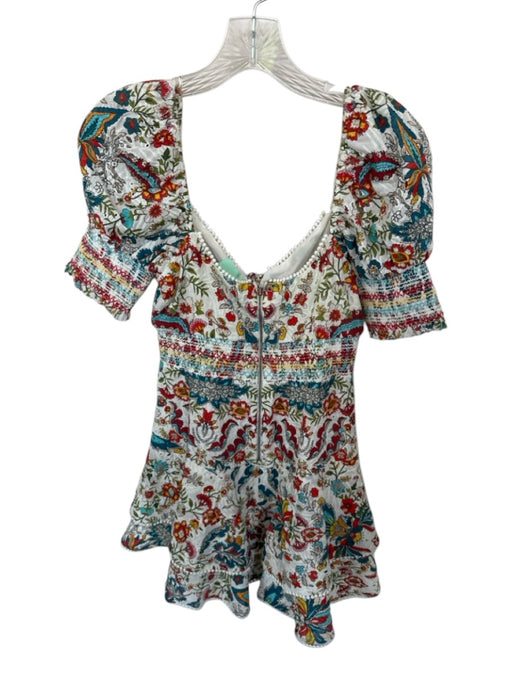 Alice + Olivia Size 2 White & Multi Cotton Blend Rouched Floral Mini Dress White & Multi / 2