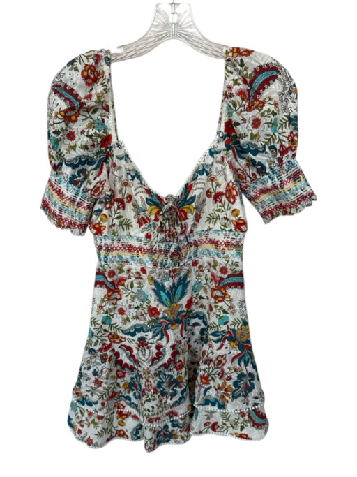 Alice + Olivia Size 2 White & Multi Cotton Blend Rouched Floral Mini Dress White & Multi / 2