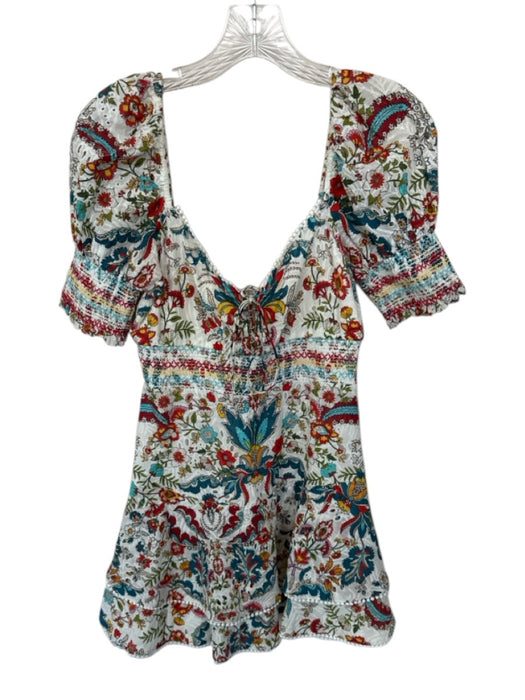 Alice + Olivia Size 2 White & Multi Cotton Blend Rouched Floral Mini Dress White & Multi / 2