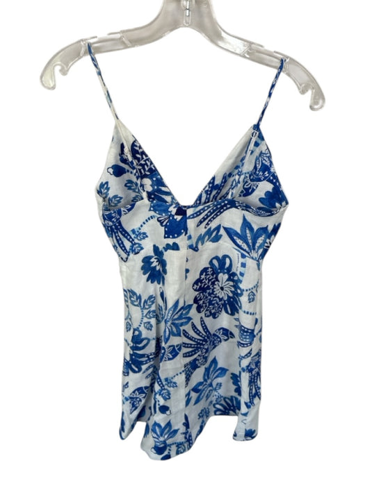 Farm Rio Size XXS Blue & White Linen Spaghetti Strap Tropical Side Button Dress Blue & White / XXS