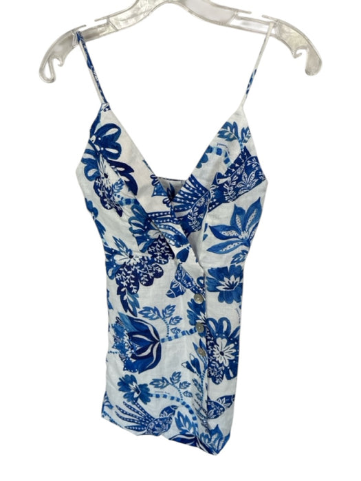 Farm Rio Size XXS Blue & White Linen Spaghetti Strap Tropical Side Button Dress Blue & White / XXS