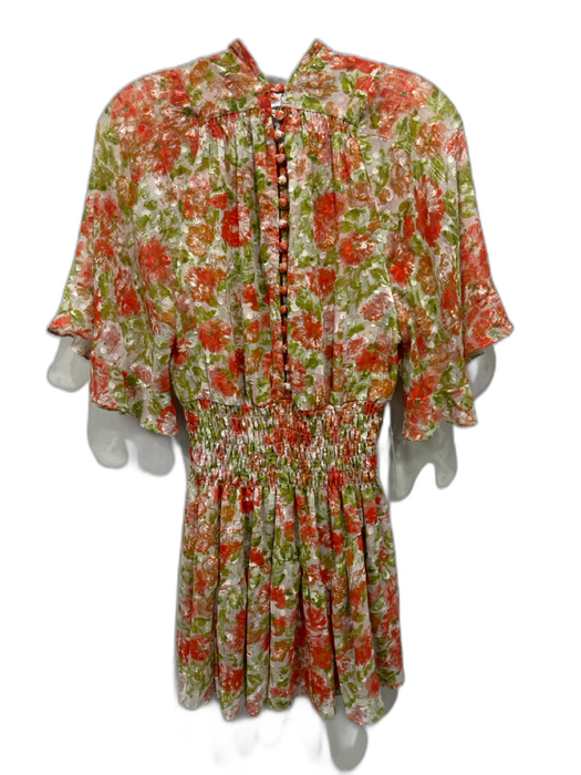 Misa Size XS Green & Orange Polyester Shirred Waist Floral Button Detail Dress Green & Orange / XS