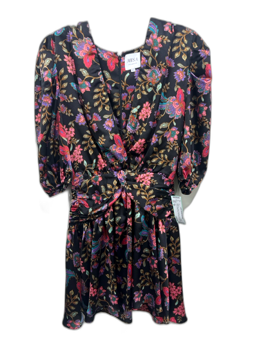 Misa Size XS Black, Pink, Blue Polyester Satin Floral Twist at Waist Mini Dress Black, Pink, Blue / XS