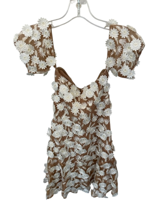 For Love & Lemons Size S white & tan Mesh Floral Mini Off Shoulder Dress white & tan / S