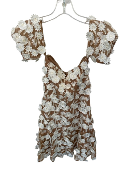 For Love & Lemons Size S white & tan Mesh Floral Mini Off Shoulder Dress white & tan / S