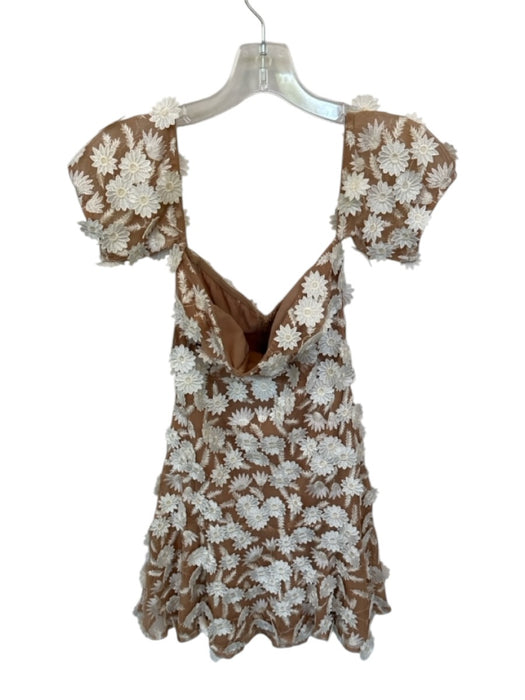 For Love & Lemons Size S white & tan Mesh Floral Mini Off Shoulder Dress white & tan / S