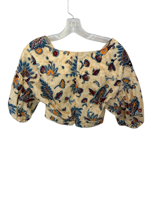 A.L.C. Size 6 Yellow & Blue V Neck Scrunch Detail Puff Sleeve Back Zip Crop Top Yellow & Blue / 6