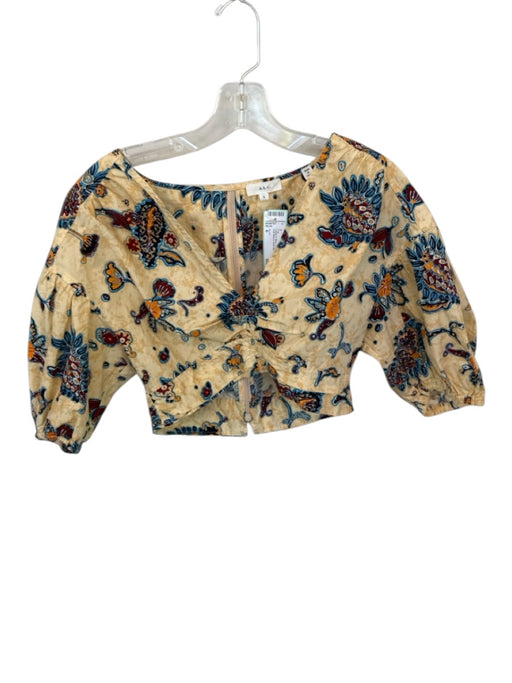 A.L.C. Size 6 Yellow & Blue V Neck Scrunch Detail Puff Sleeve Back Zip Crop Top Yellow & Blue / 6