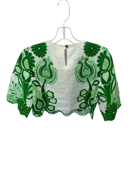 Farm Rio Size XS Green & White Linen Cropped Floral Top Green & White / XS
