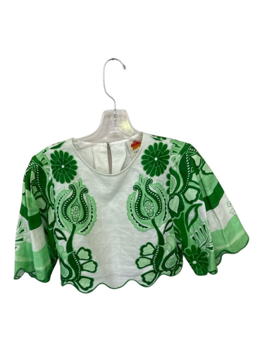 Farm Rio Size XS Green & White Linen Cropped Floral Top Green & White / XS