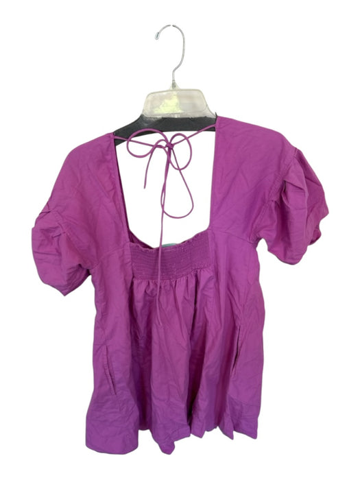 Free People Size S Purple Cotton Puff Sleeves Back Tie Mini Pleats Dress Purple / S
