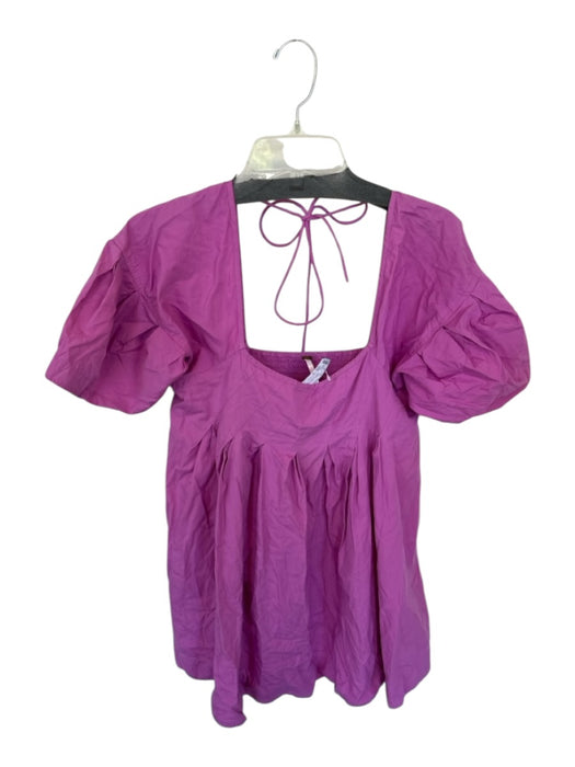 Free People Size S Purple Cotton Puff Sleeves Back Tie Mini Pleats Dress Purple / S