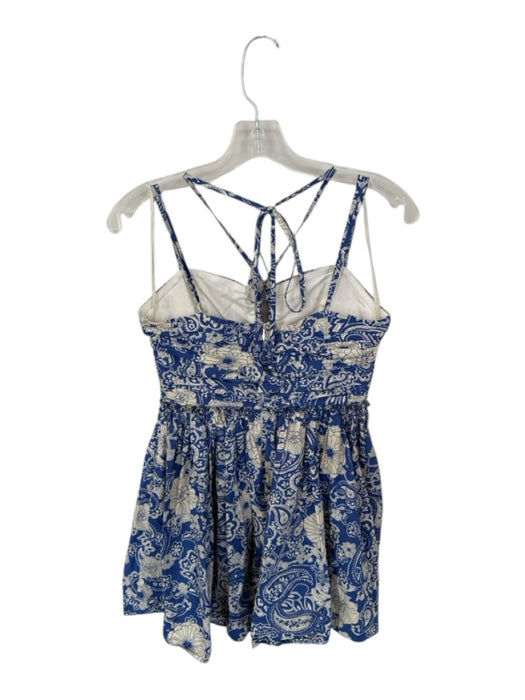 Aqua Size S Blue & White Cotton Floral Spaghetti Strap Mini Neck Tie Dress Blue & White / S