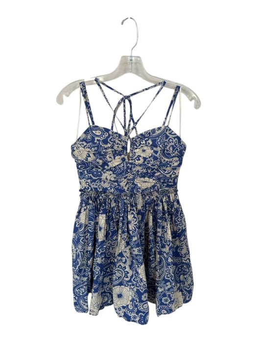 Aqua Size S Blue & White Cotton Floral Spaghetti Strap Mini Neck Tie Dress Blue & White / S