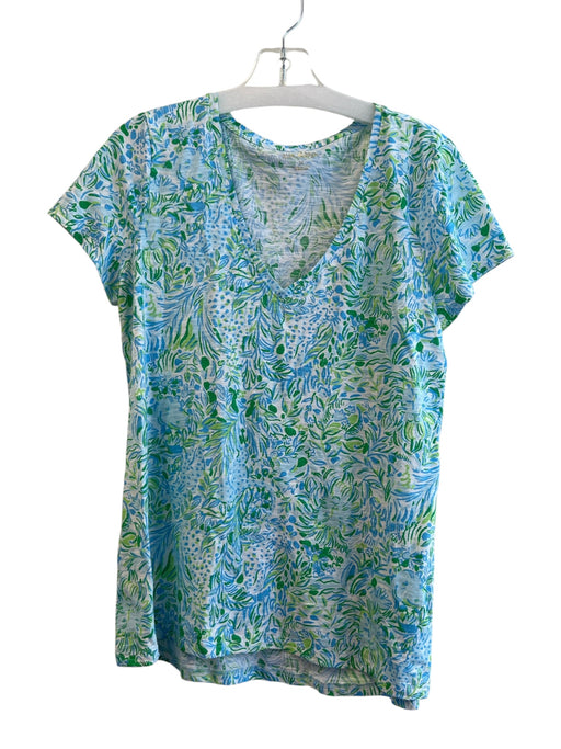 Lilly Pulitzer Size M Blue Green Cotton V Neck Short Sleeve Floral Top Blue Green / M