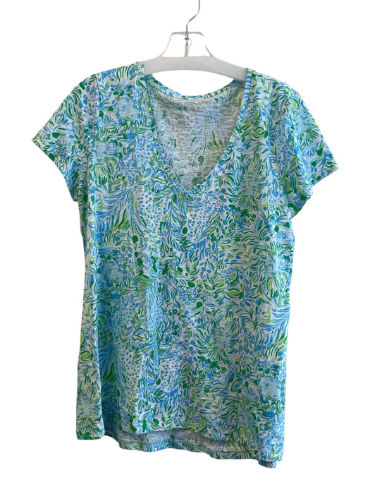 Lilly Pulitzer Size M Blue Green Cotton V Neck Short Sleeve Floral Top Blue Green / M