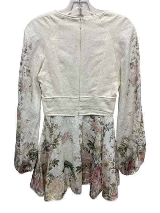 Zimmermann Size 0 Beige & Multi Cotton Long Sleeve Tie Waist Knee Length Dress Beige & Multi / 0