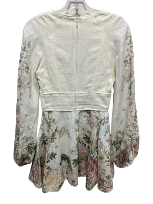 Zimmermann Size 0 Beige & Multi Cotton Long Sleeve Tie Waist Knee Length Dress Beige & Multi / 0