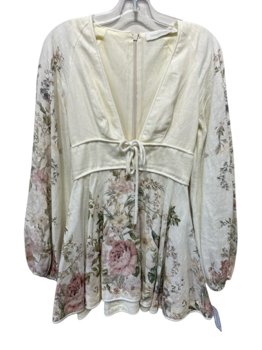 Zimmermann Size 0 Beige & Multi Cotton Long Sleeve Tie Waist Knee Length Dress Beige & Multi / 0