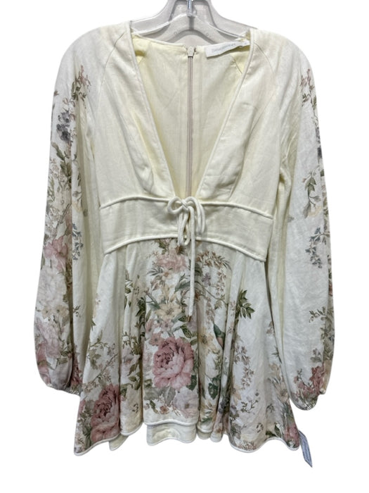 Zimmermann Size 0 Beige & Multi Cotton Long Sleeve Tie Waist Knee Length Dress Beige & Multi / 0