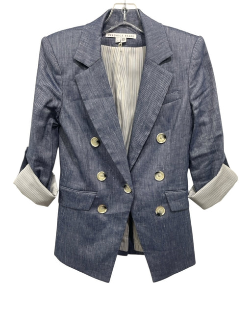 Veronica Beard Size 2 Blue Linen Blend Long Sleeve Blazer Shoulder Pads Jacket Blue / 2
