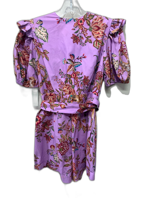 Farm Rio Size M Purple & Multi Cotton Floral Short Puff Sleeve Belted Romper Purple & Multi / M