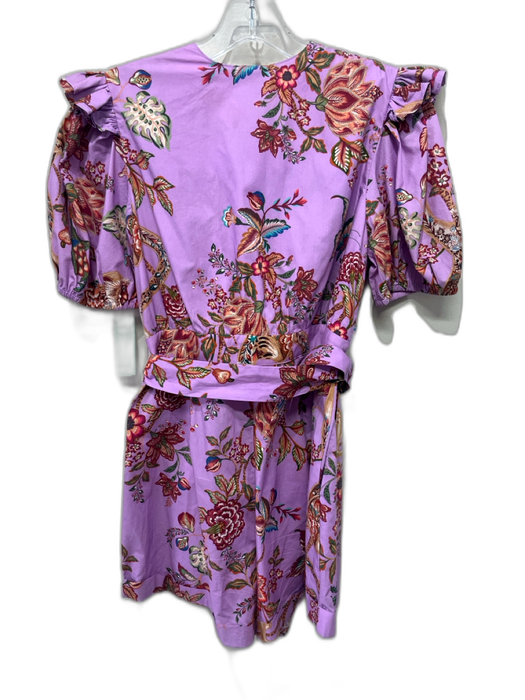 Farm Rio Size M Purple & Multi Cotton Floral Short Puff Sleeve Belted Romper Purple & Multi / M