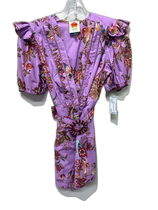 Farm Rio Size M Purple & Multi Cotton Floral Short Puff Sleeve Belted Romper Purple & Multi / M