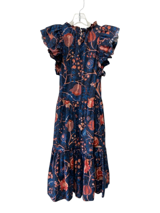 Ulla Johnson Size 8 Teal & Orange Cotton Floral Ruffle Cap Sleeve Tiered Dress Teal & Orange / 8