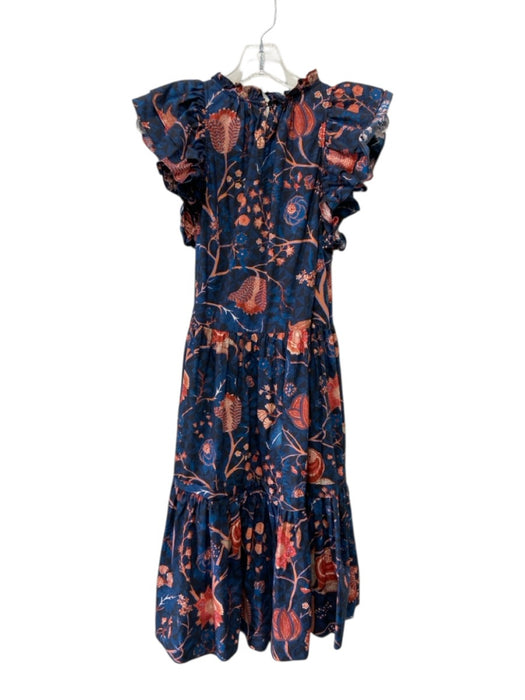 Ulla Johnson Size 8 Teal & Orange Cotton Floral Ruffle Cap Sleeve Tiered Dress Teal & Orange / 8