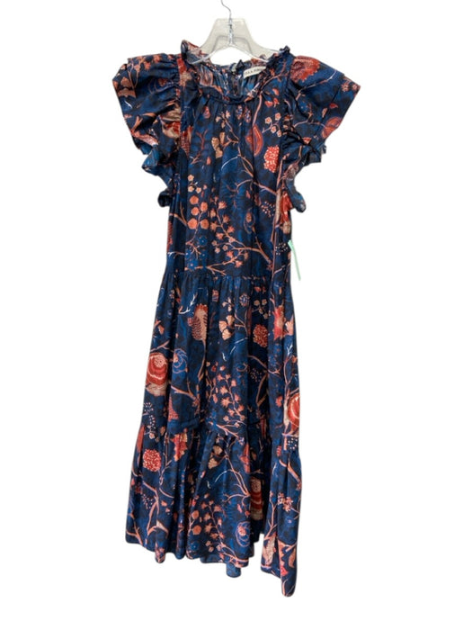 Ulla Johnson Size 8 Teal & Orange Cotton Floral Ruffle Cap Sleeve Tiered Dress Teal & Orange / 8