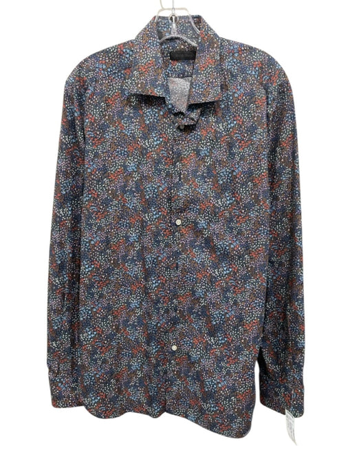 Saks Fifth Ave Size L Blue & Orange Cotton Floral Button Up Long Sleeve Shirt Blue & Orange / L