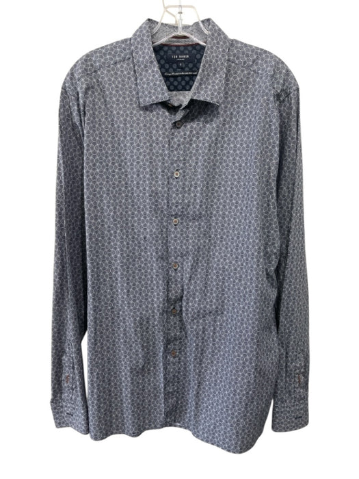Ted Baker Size 6 Gray & Navy Print Cotton Abstract Button Up Long Sleeve Shirt Gray & Navy Print / 6