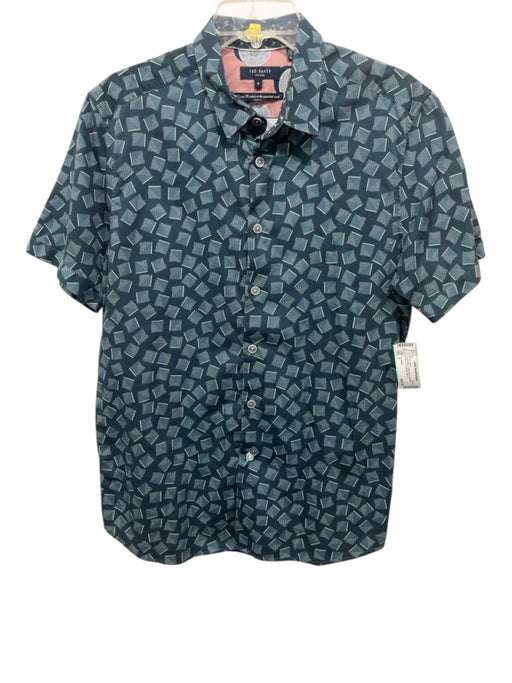 Ted Baker Size 5 Gray & Blue Cotton Blend Abstract Button Up Men's Short Sleeve Gray & Blue / 5