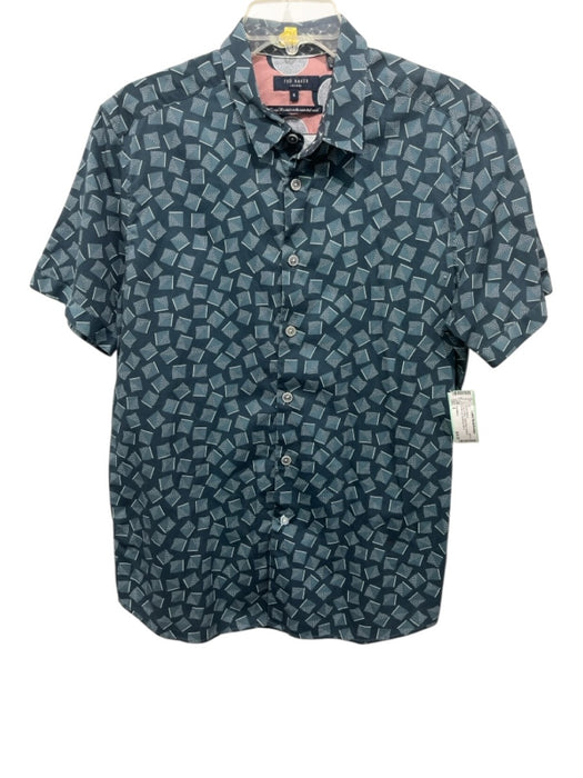 Ted Baker Size 5 Gray & Blue Cotton Blend Abstract Button Up Men's Short Sleeve Gray & Blue / 5