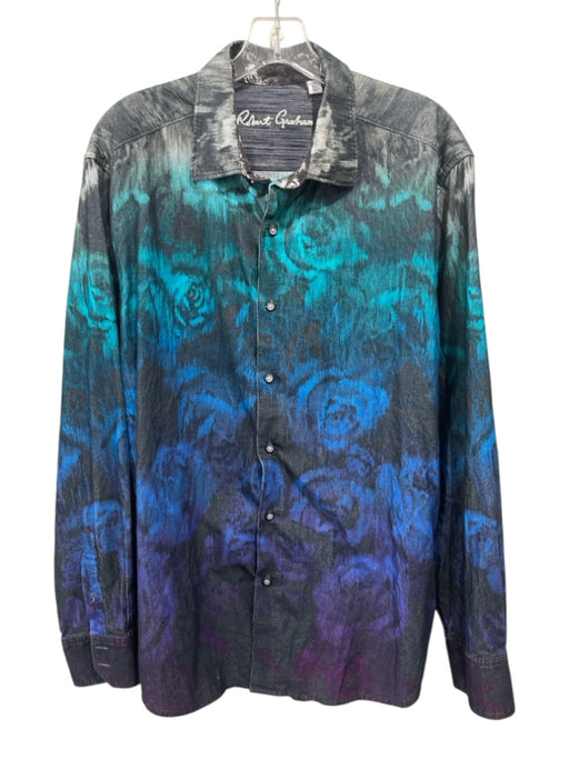 Robert Graham Size XL Blue & Gray Cotton Blend Velour Dyed Long Sleeve Shirt Blue & Gray / XL