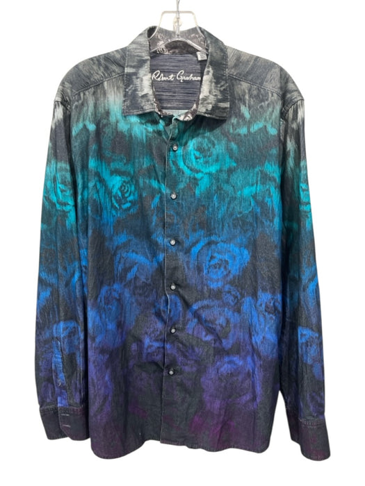 Robert Graham Size XL Blue & Gray Cotton Blend Velour Dyed Long Sleeve Shirt Blue & Gray / XL