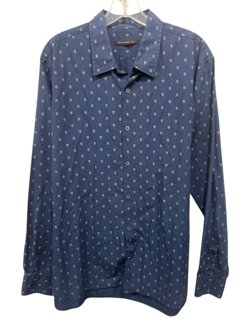 John Varvatos Size Est L Blue & Tan Cotton Blend Skulls Men's Long Sleeve Shirt Blue & Tan / Est L