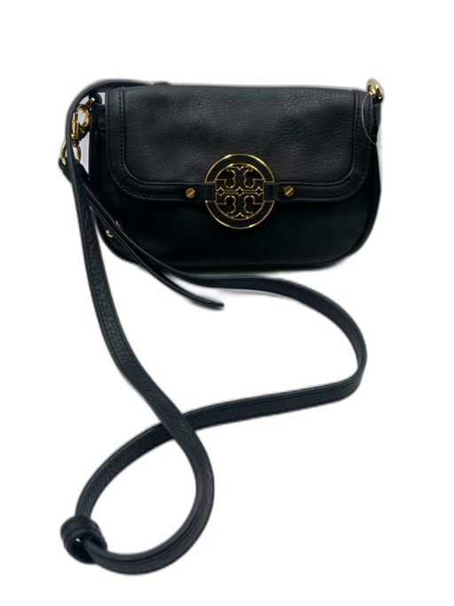 Tory Burch Black Leather goldtone hardware Magnetic Clasp Crossbody Strap Bag Black / Mini